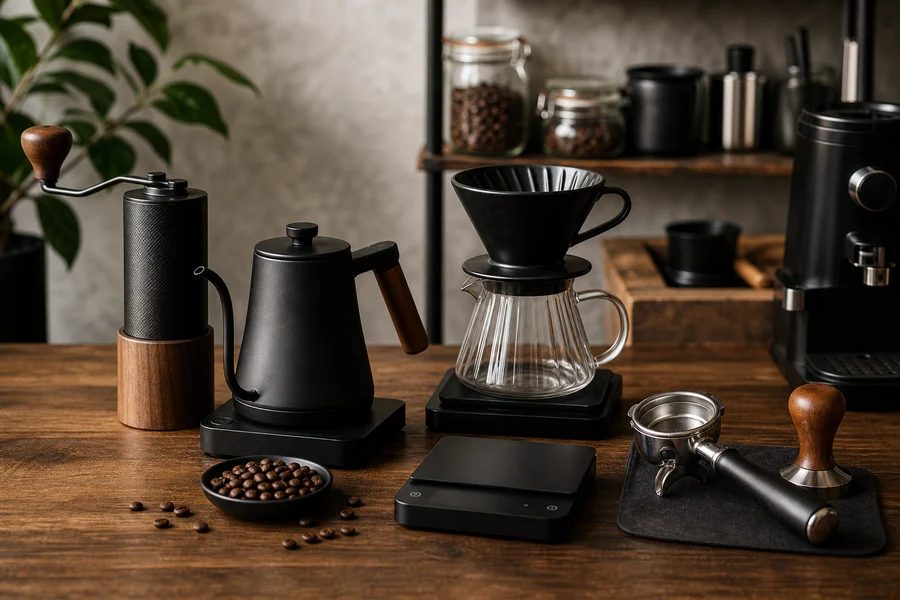 Herramientas para preparar café organizadas en una mesa
