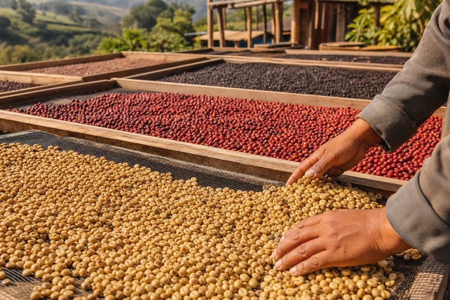 Café secándose en camas elevadas durante el procesamiento