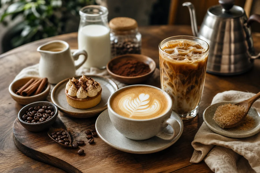 Bebidas de café y elementos para recetas en una mesa