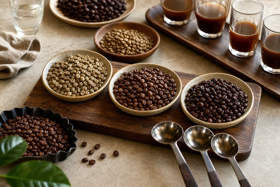 Diferentes grupos de granos de café en una mesa de cata