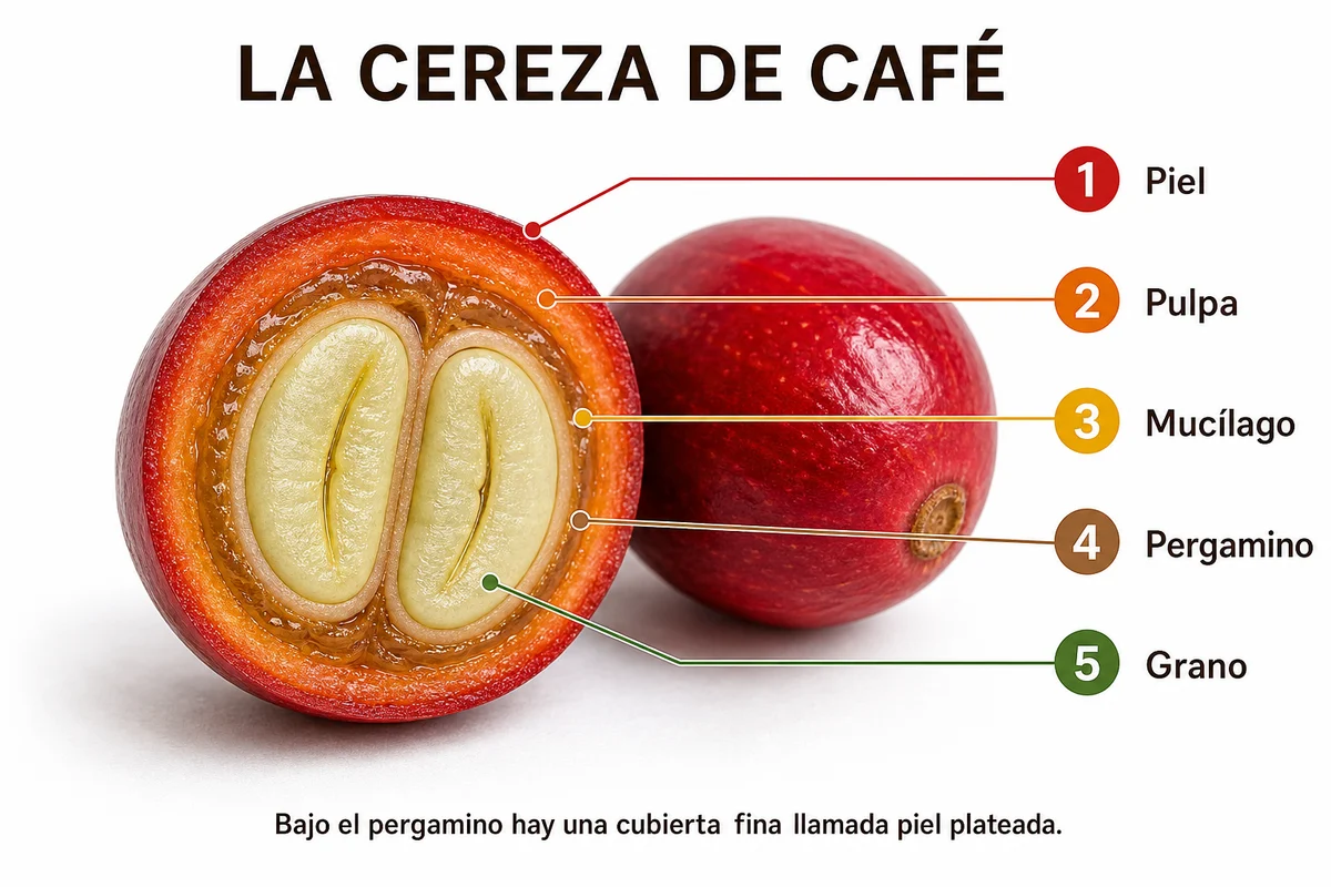 Imagen anatómica de la cereza de café con piel, pulpa, mucílago, pergamino y grano