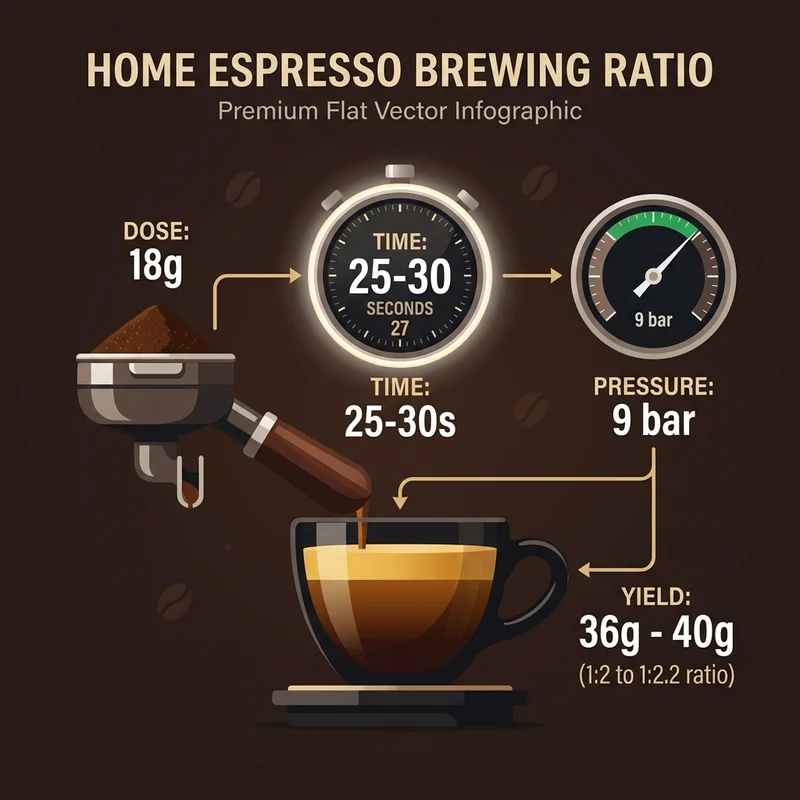 Infografía detallada con los parámetros de extracción del espresso ideal en casa: 18g de entrada, 36g-40g de rendimiento líquido, 25-30 segundos de tiempo y 9 bares de presión.