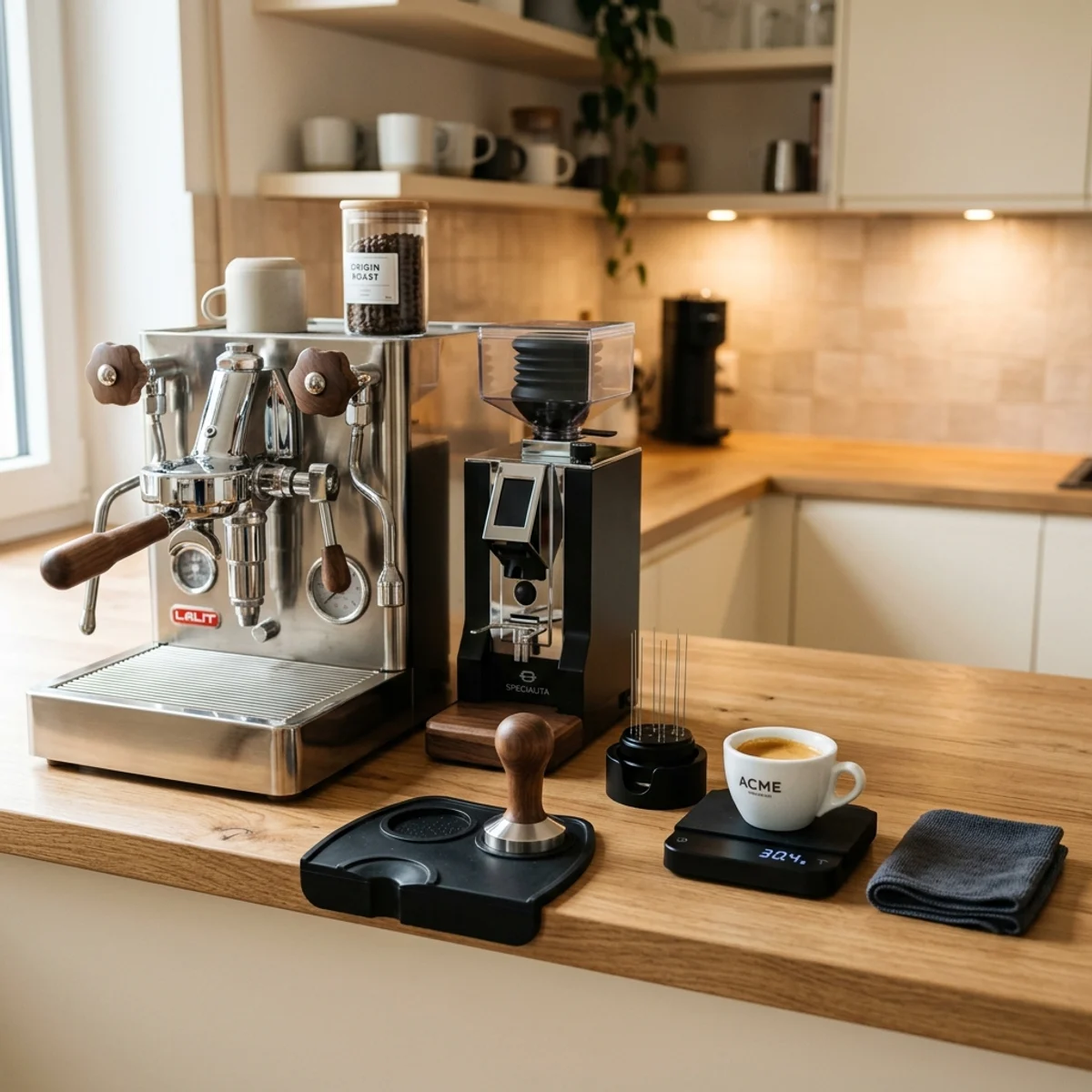 Setup de café espresso doméstico minimalista sobre encimera de madera