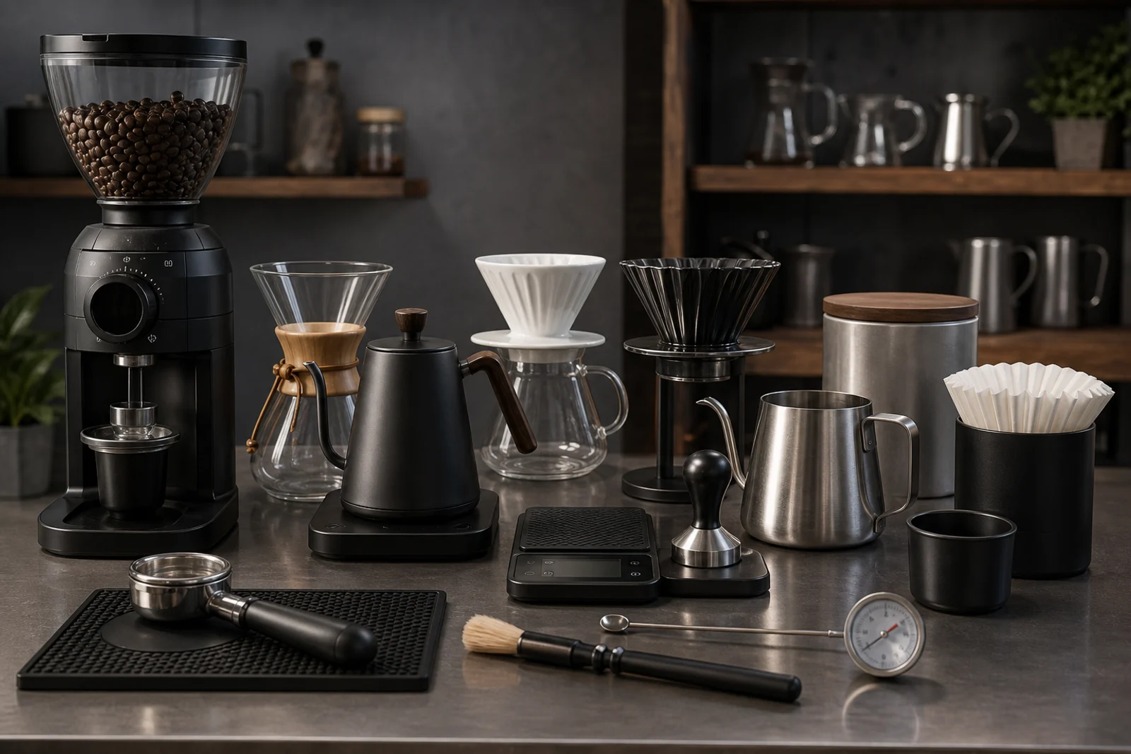 Herramientas esenciales de café organizadas sobre una barra