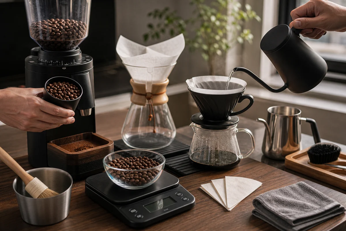 Flujo de trabajo con café pesado, molido, vertido y herramientas de limpieza