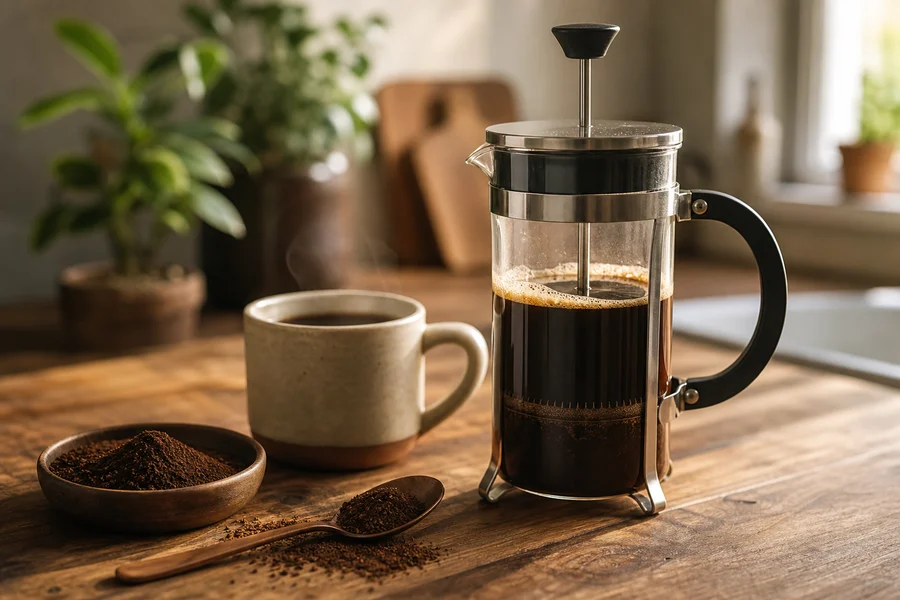 Prensa francesa de vidrio con café preparado y molienda gruesa al lado