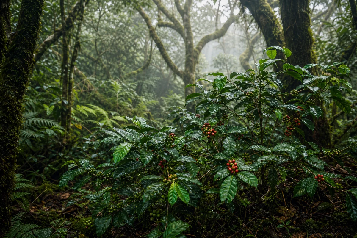 Bosque montano etíope con cafetos silvestres bajo sombra