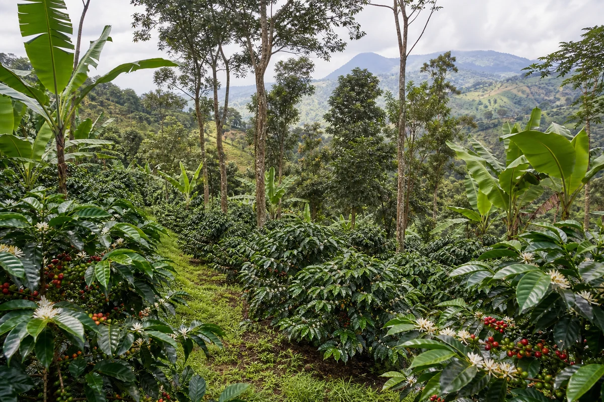 Finca moderna de café bajo sombra en sistema agroforestal