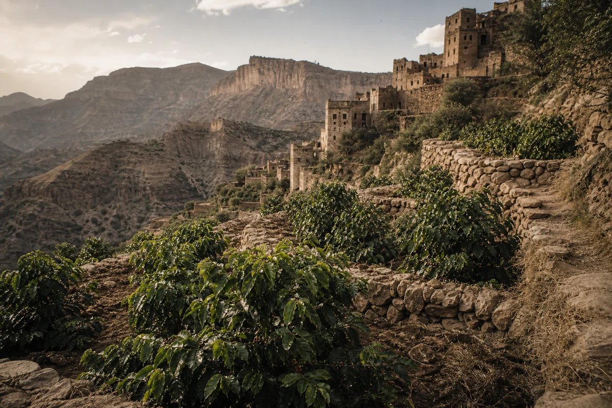 Terrazas de cultivo de café en montañas de Yemen