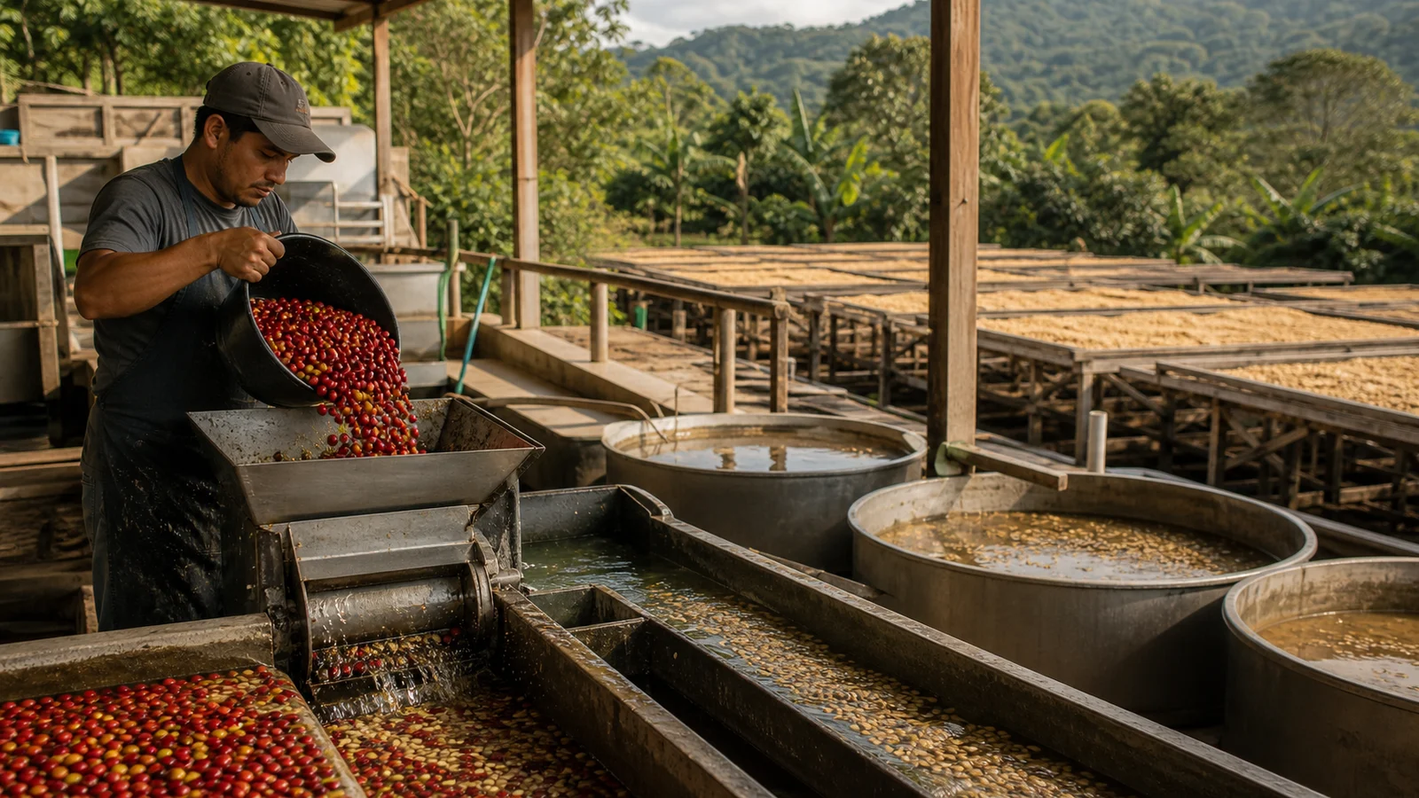 Estación de proceso de café con cerezas, tanques y camas de secado