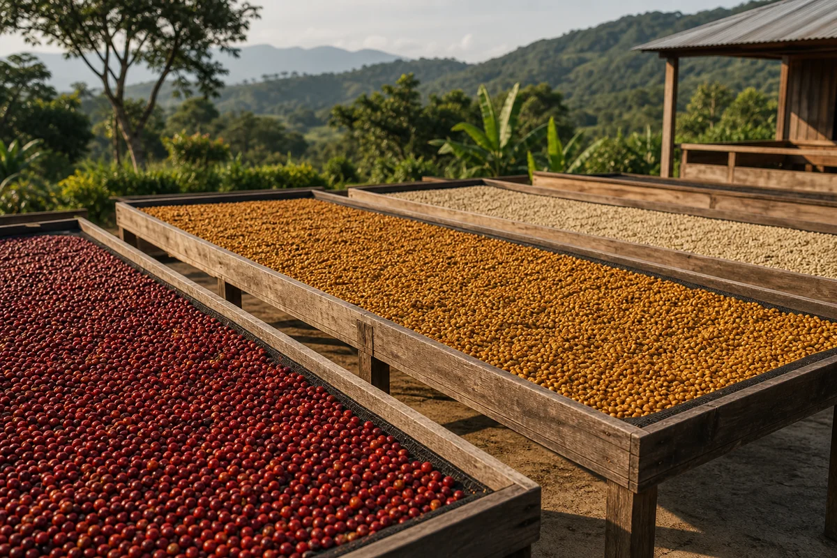 Camas elevadas con lotes de café natural, honey y lavado secándose