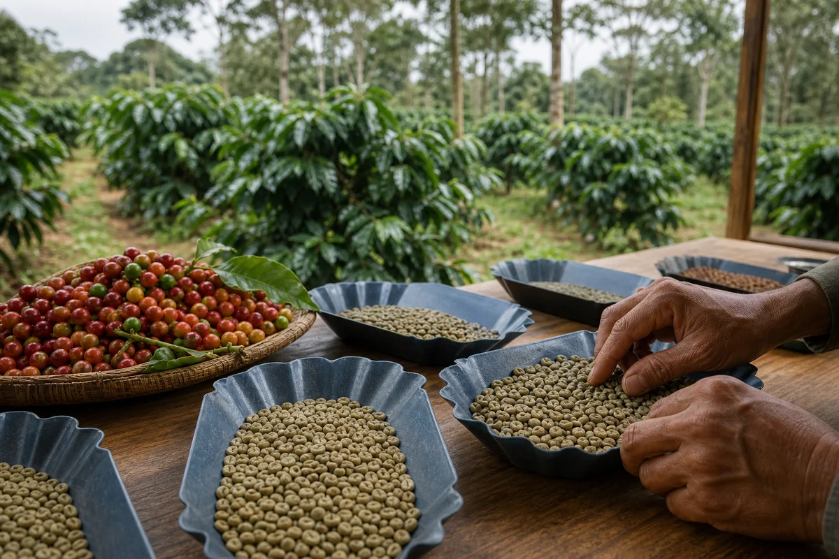 Cerezas y granos verdes de robusta durante una inspección de calidad