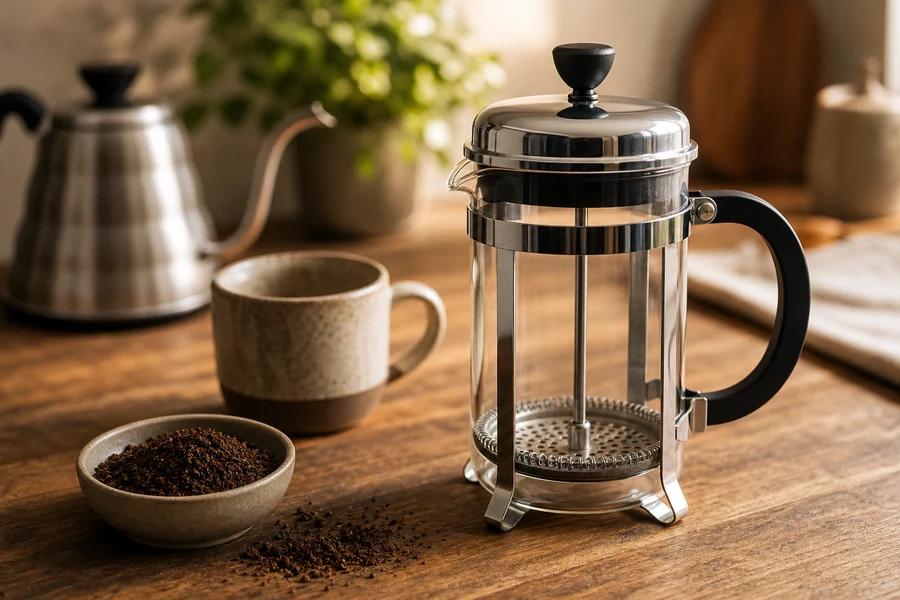 Prensa francesa limpia con café molido grueso y taza