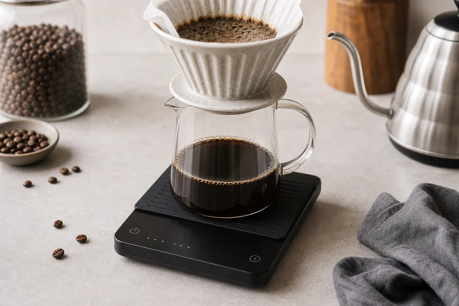 Balanza digital para café con taza y granos sobre una mesa
