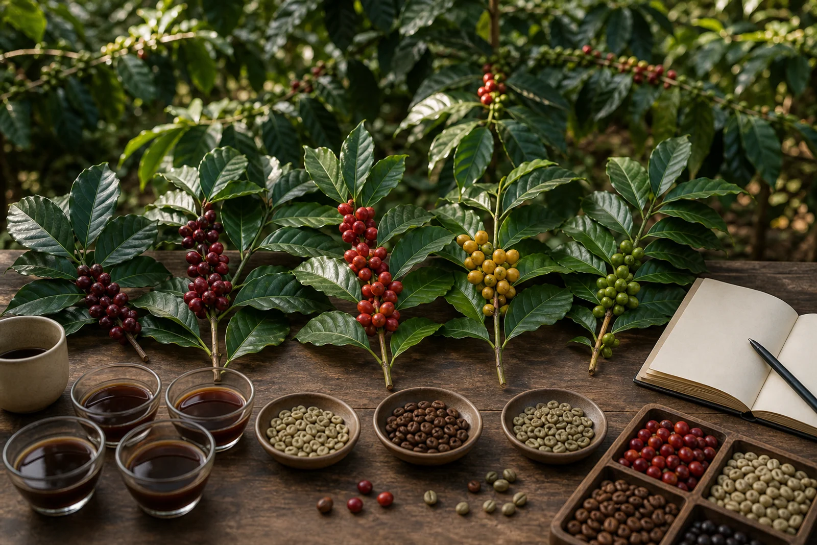 Mesa de investigación con ramas de arábica, cerezas y muestras de cata